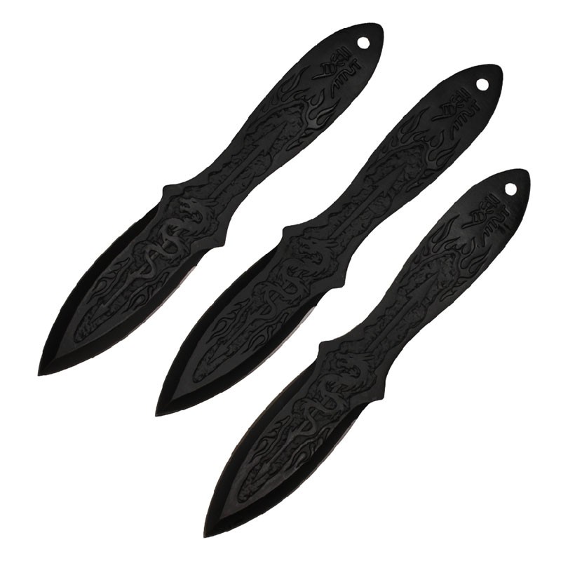 9" Black Stainless Steel Dragon 3 Piece Throwing Knife Set