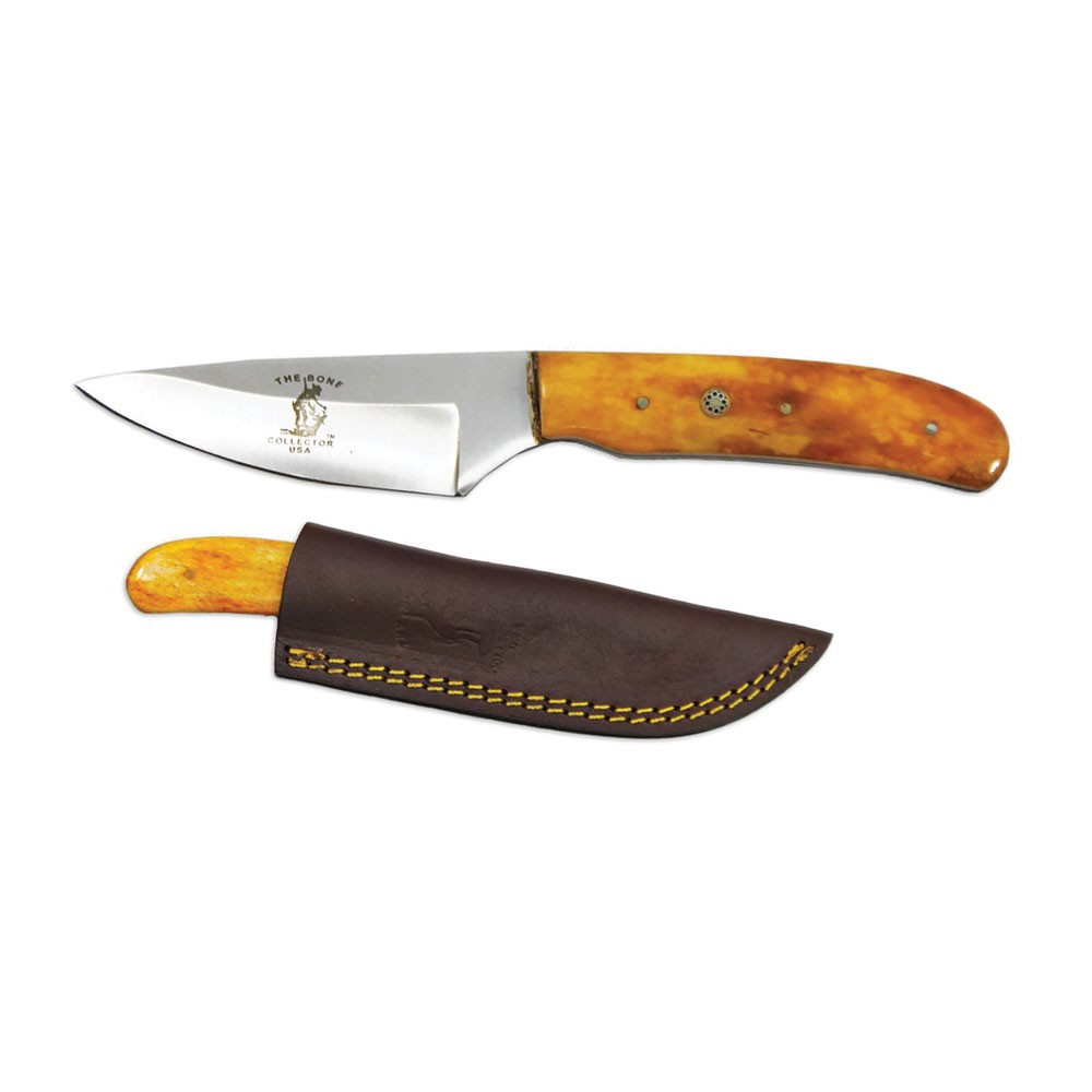 Bone Collector 8" Yellow Bovine Bone Handle Hunting Knife with Leather Sheath