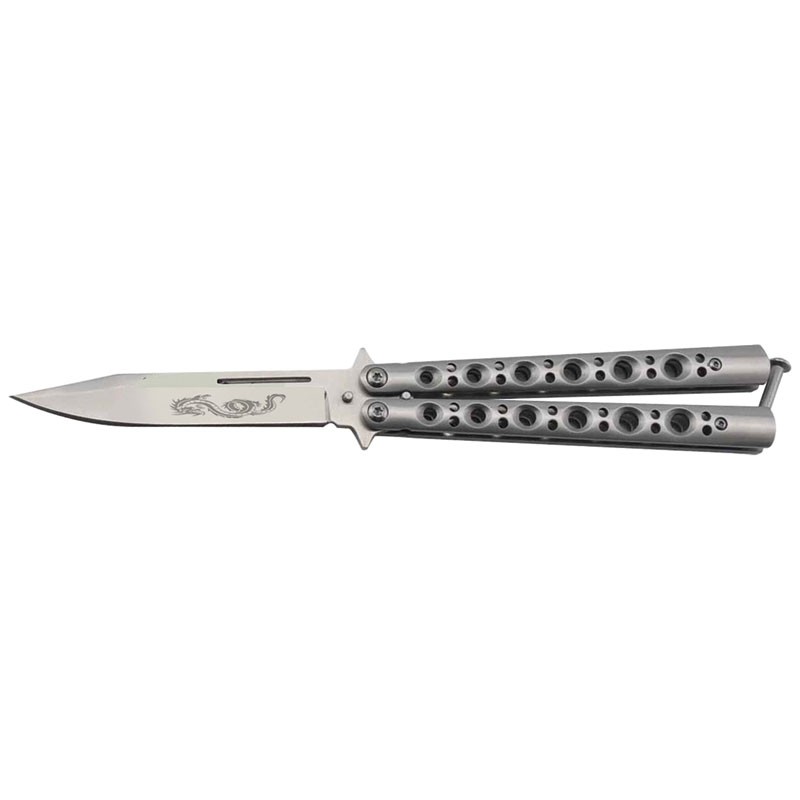 Classic 6 Hole Handle Butterfly Knife - Silver with Dragon Etch