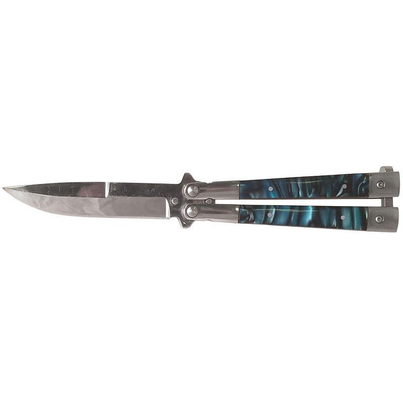 Mirror Polished Butterfly Knife - Blue Pearlized Insert