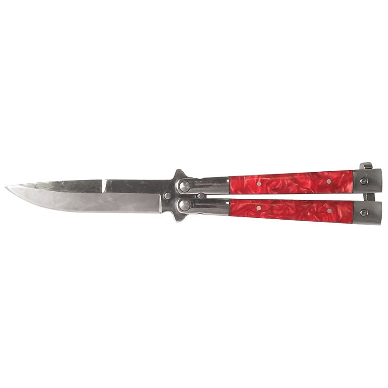 Mirror Polished Butterfly Knife - Red Pearlized Insert