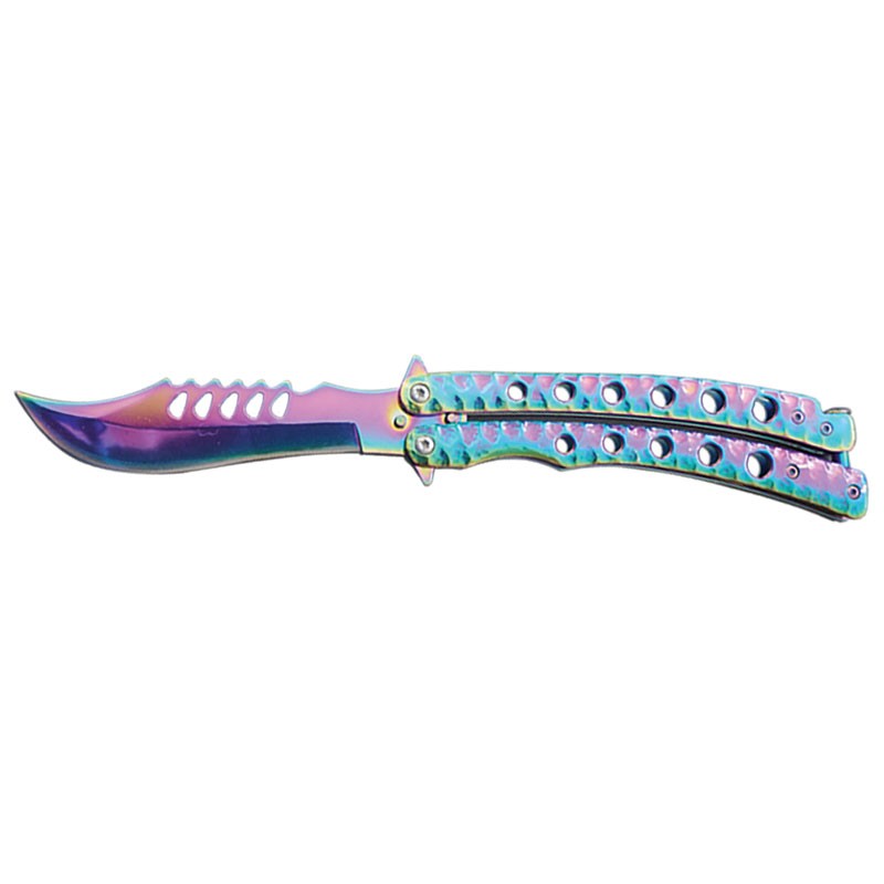 Recurve Butterfly Knife with Textured Handle - Rainbow
