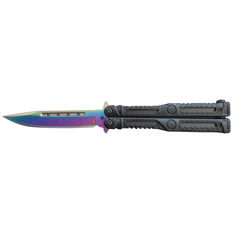 Black Aluminum Handle Butterfly Knife with Rainbow Blade
