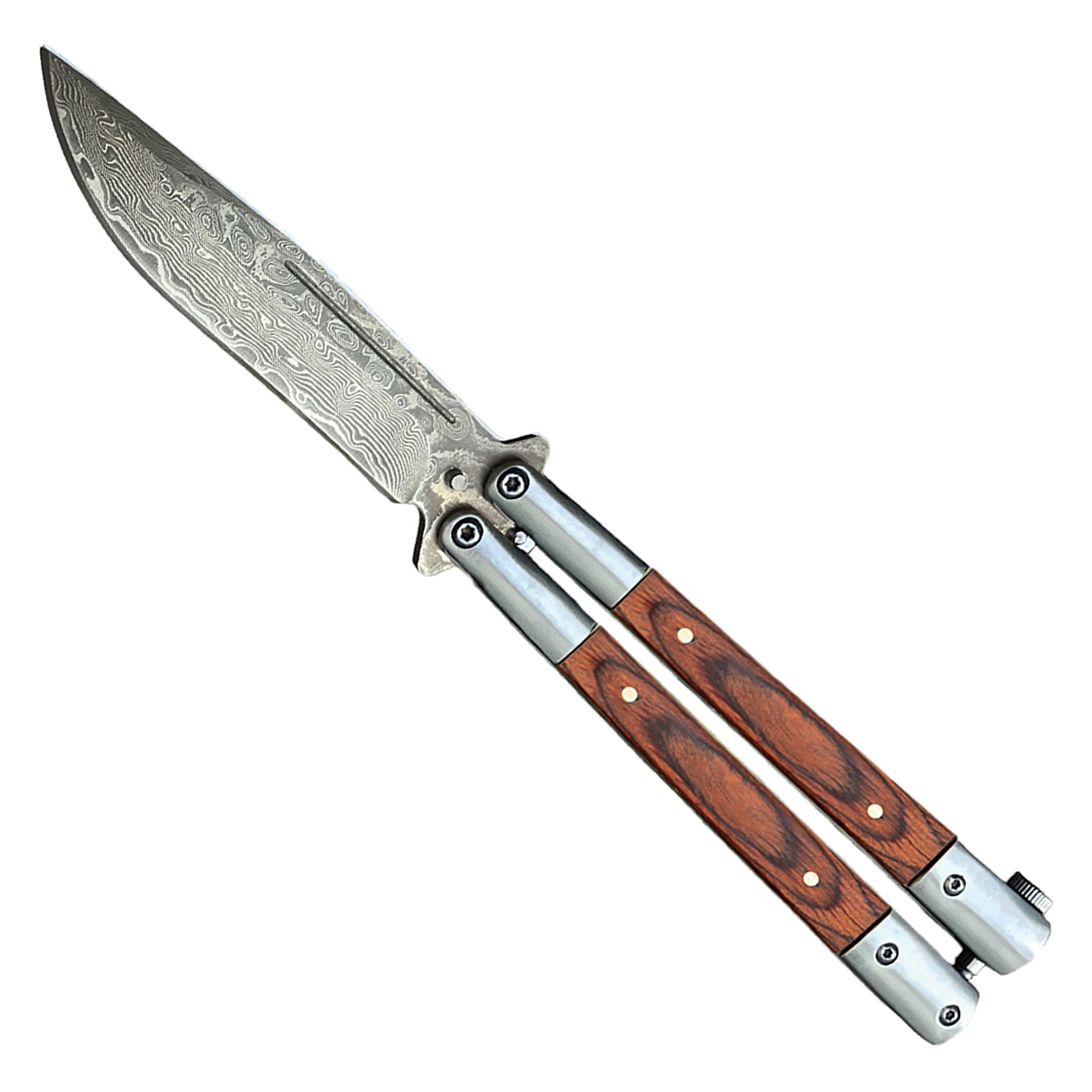 Forgegrain Damascus Butterfly Knife - Wood Inlay