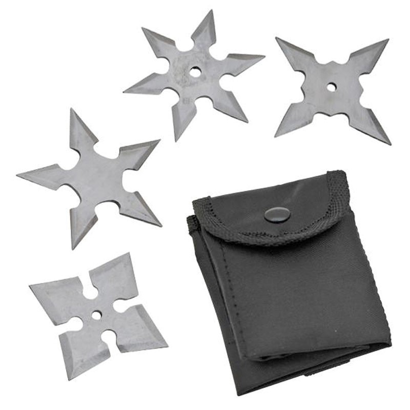 Set of 4 Throwing Stars w/ Pouch - Silver