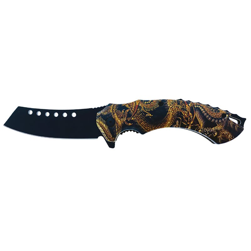 Mythic Dragon Butcher Blade Assisted Opening Folding Knife - Gold