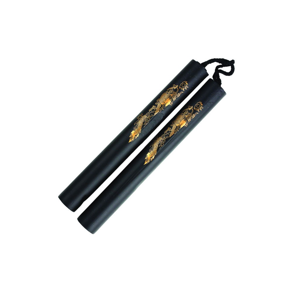 12" Foam Nunchaku With Gold Dragon Print and Rope - Black