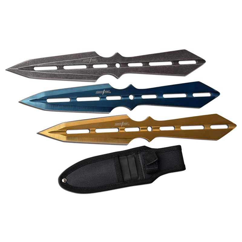 Perfect Point 3 Piece Throwing Knife Set - Stonewash, Blue, and Gold