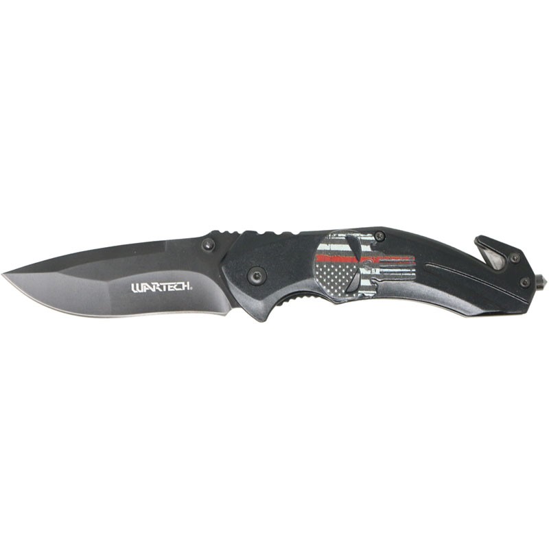 Red Line Firefighter Flag Skull Rescue Knife