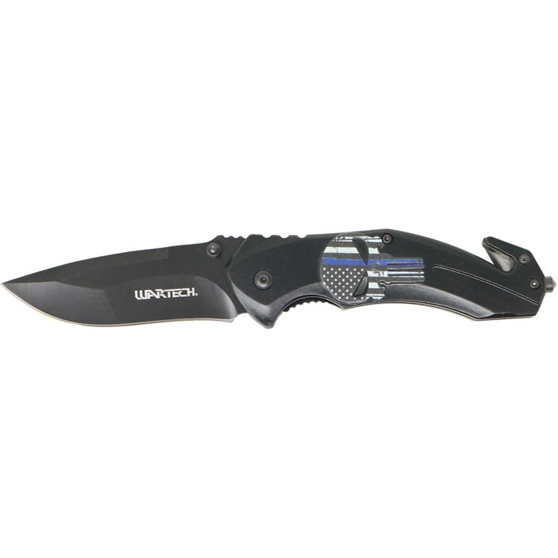 Blue Line Police Flag Skull Rescue Knife