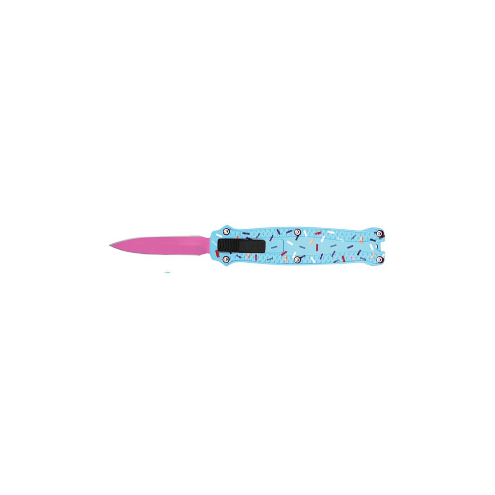Mini OTF Knife - Blue Handle with Pink Blade