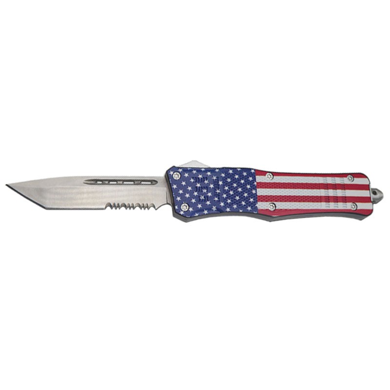 Large OTF Knife with Satin Tanto Blade and USA Flag Handle