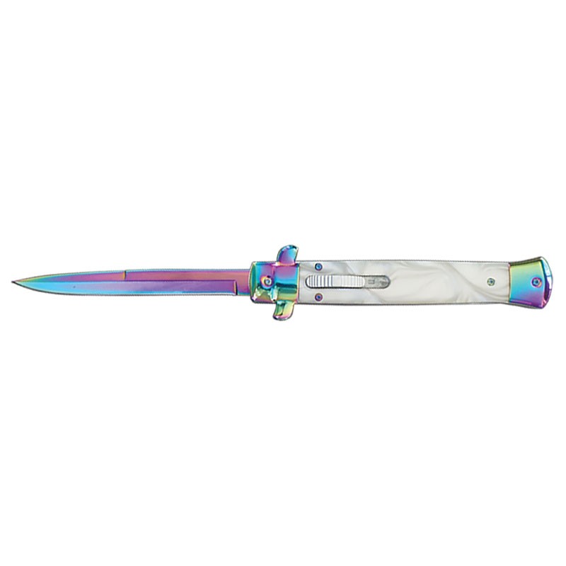 Milano Style OTF Knife - Elite Collection - White with Rainbow - Large