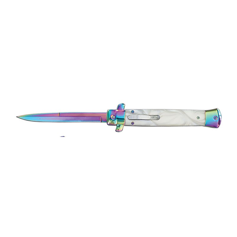 Milano Style OTF Knife - Elite Collection - White with Rainbow - Small