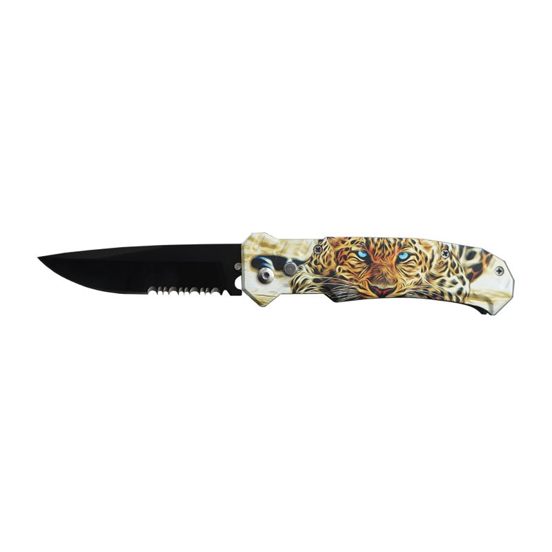 Clip Point Blade Automatic Knife with Leopard Design Handle