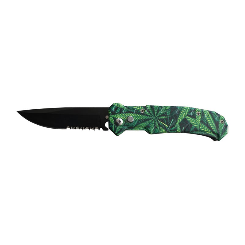 Clip Point Blade Automatic Knife with Marijuana Design Handle
