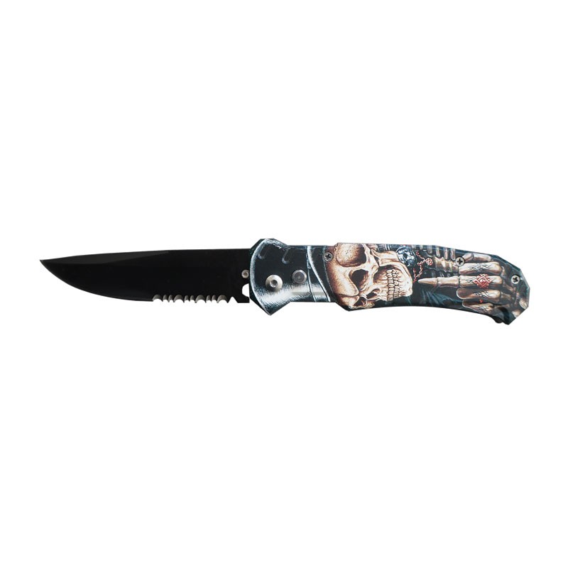 Clip Point Blade Automatic Knife with Skull with Top Hat Design Handle