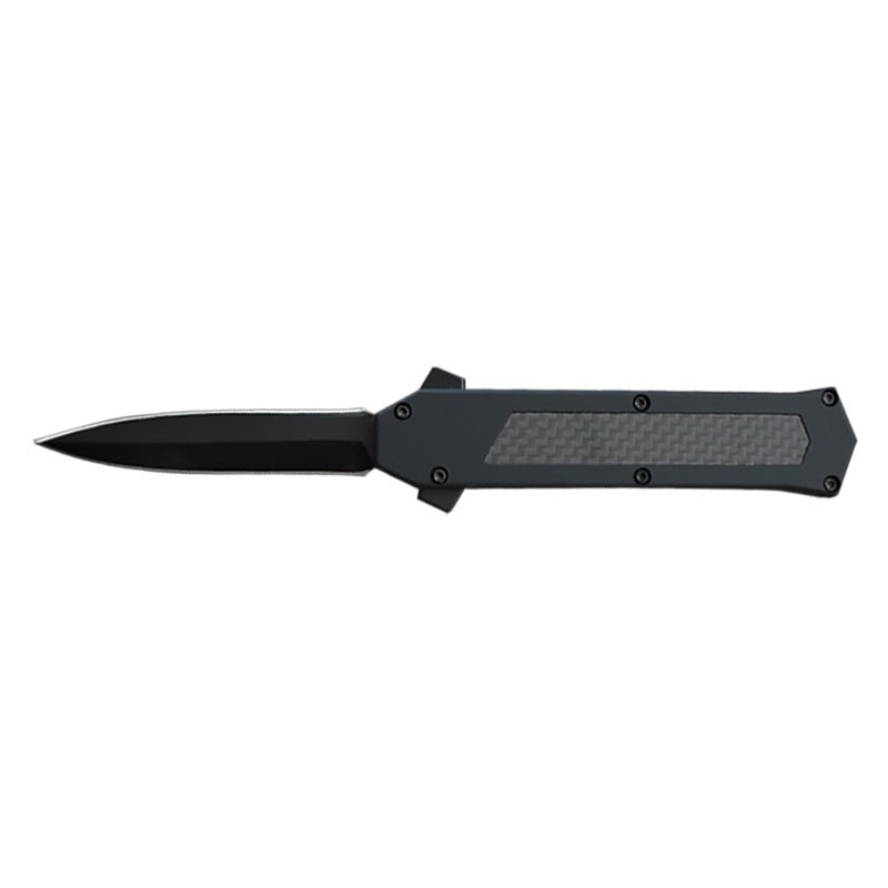 Stiletto Style OTF Knife with Hidden Switch - Black Blade with Carbon Fiber Inlay
