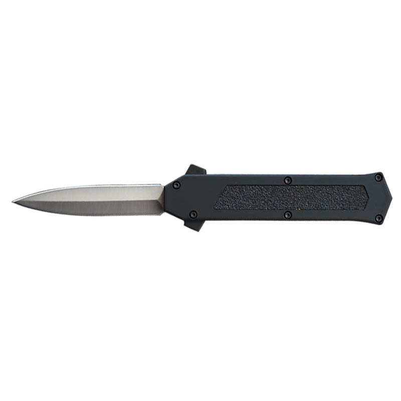 Stiletto Style OTF Knife with Hidden Switch - Silver Blade with Extreme Grip Inlay