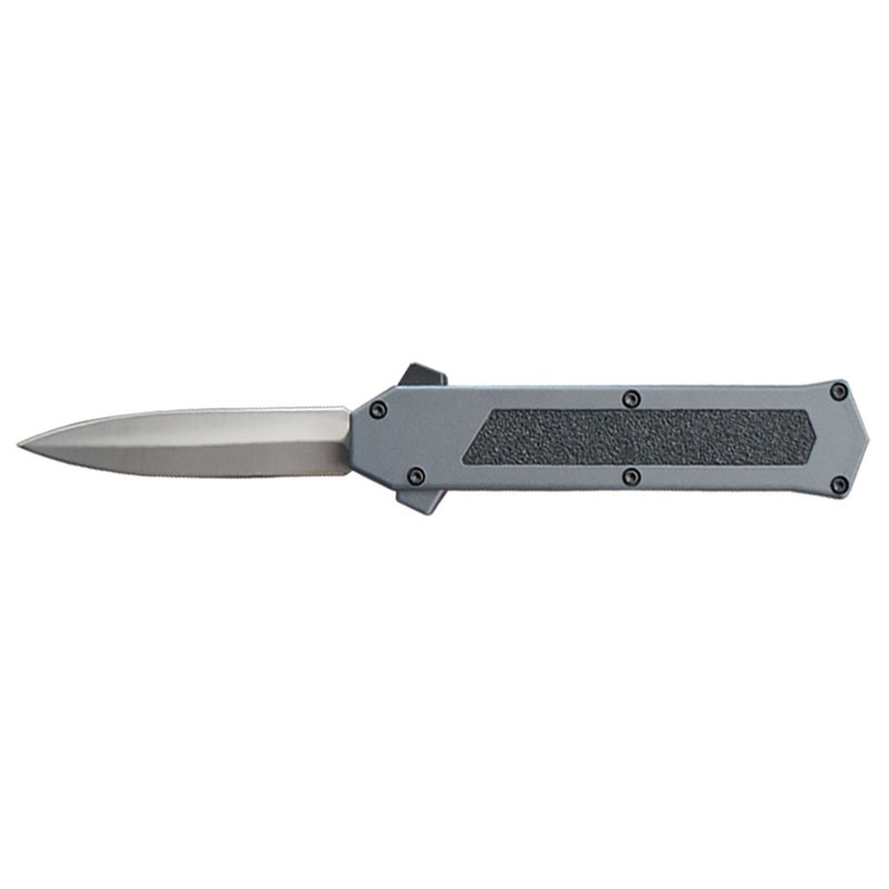 Stiletto Style OTF Knife with Hidden Switch - Gray with Extreme Grip Inlay