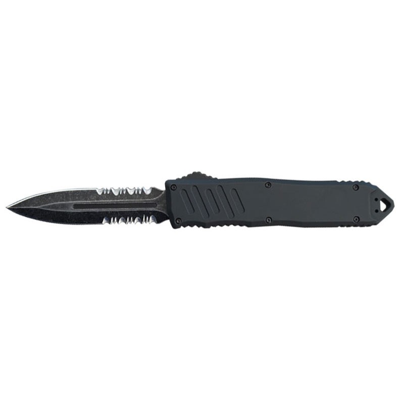 Stonewash Blade Black Handle OTF Knife - Double Edge Serrated