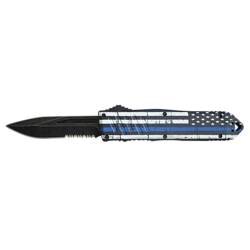 Stonewash Blade Blue Line USA Flag Handle OTF Knife - Clip Point