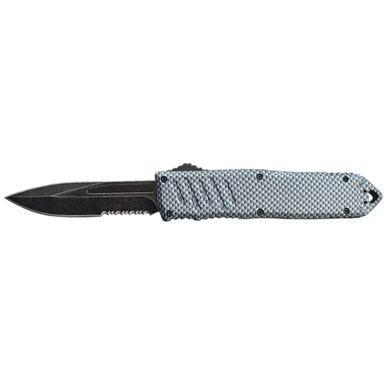 Stonewash Blade Carbon Fiber Pattern Handle OTF Knife - Clip Point Serrated