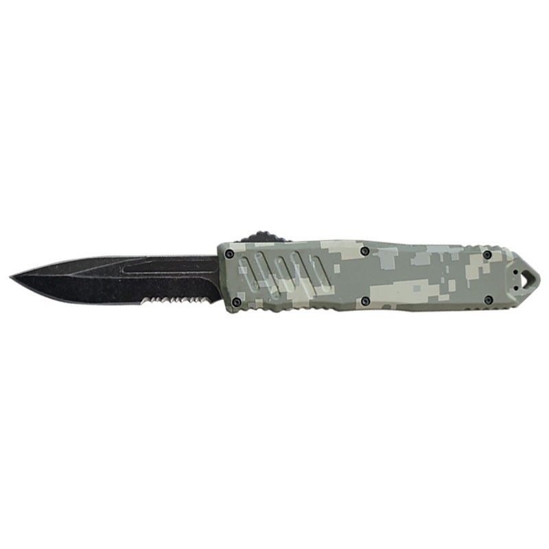 Stonewash Blade Digital Camo Handle OTF Knife - Clip Point Serrated 