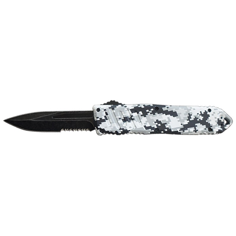 Winter Camo OTF Knife - Double Edge Serrated