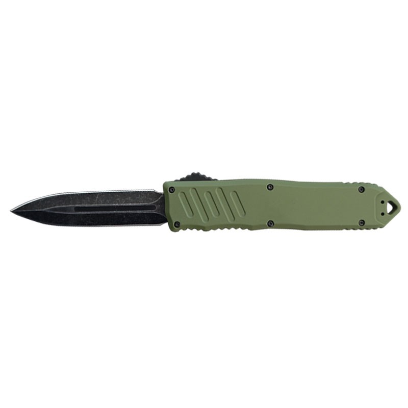 Stonewash Blade Green Handle OTF Knife - Double Edge