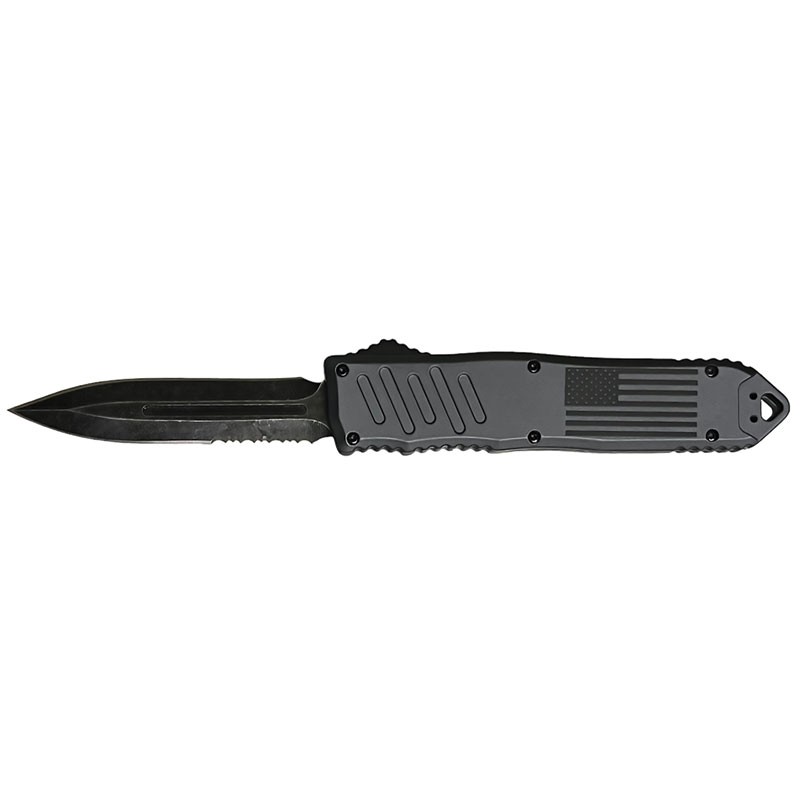 Stonewash Blade Gray Handle with US Flag OTF Knife - Double Edge
