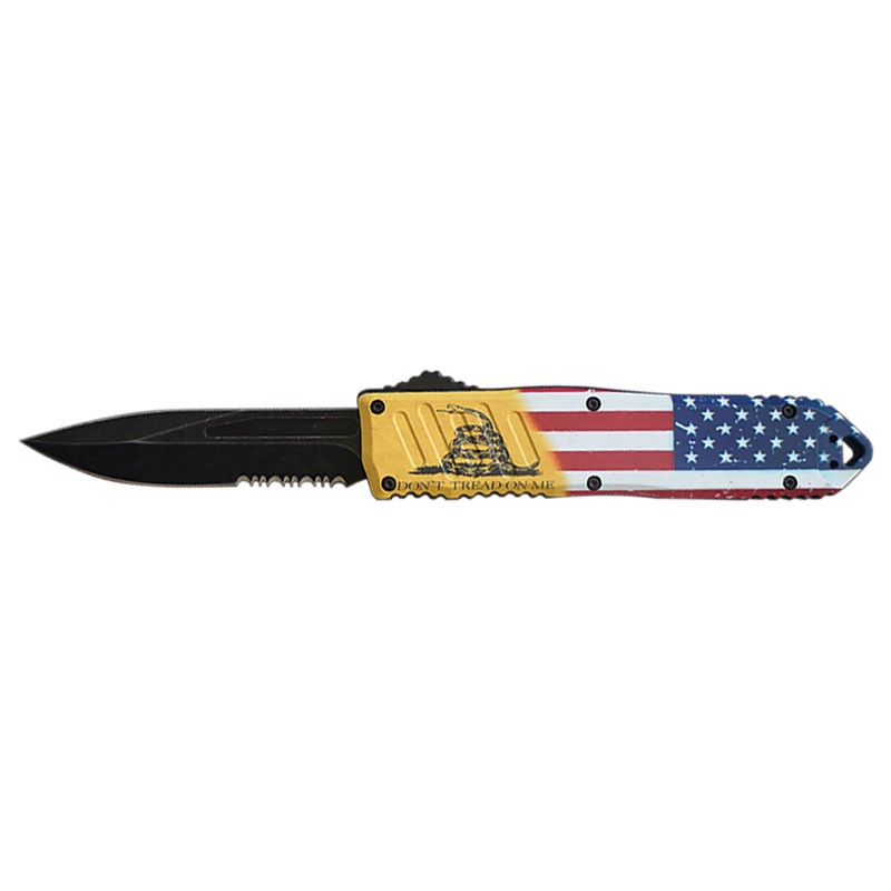 Stonewash Blade 'Don't Tread on Me' USA Flag Handle OTF Knife - Clip Point