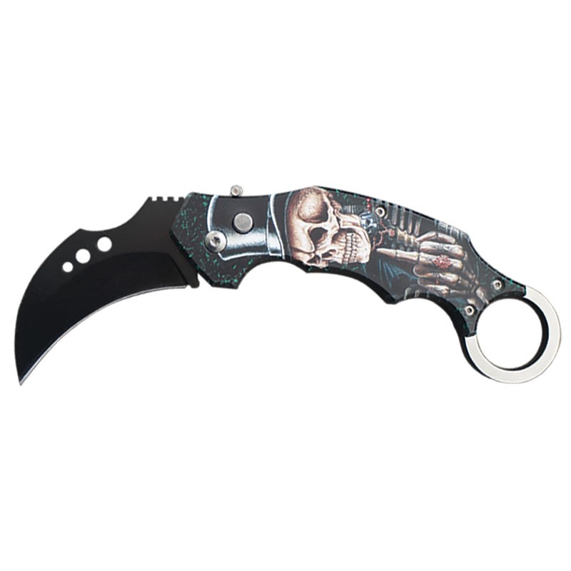 Karambit Style Automatic Knife - Skull Flipping the Bird