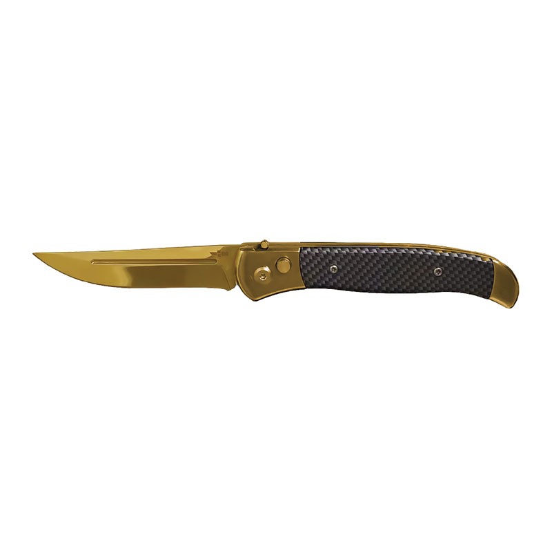 Gentlemen's Style Automatic Knife with Carbon Fiber Print Handle - Gold