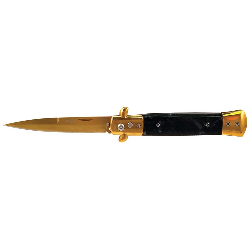 Stiletto Switchblade - Black Marble Handle with Gold Blade