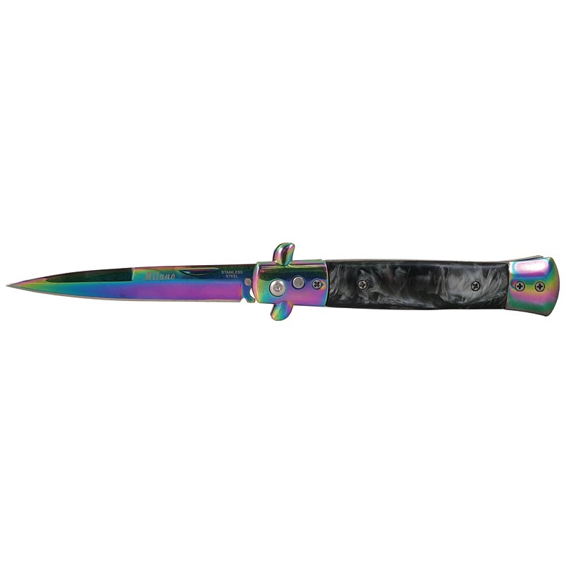 Stiletto Switchblade - Black Marble Handle with Rainbow Blade