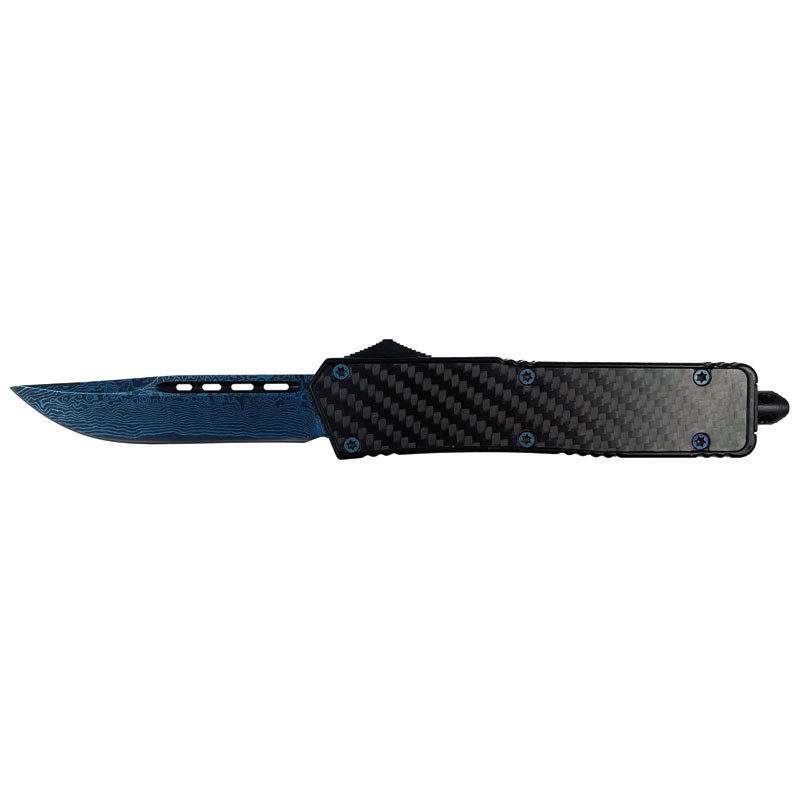 Beautiful Carbon Fiber Inlay OTF Knife with Clip Point Damascus Etch Blade