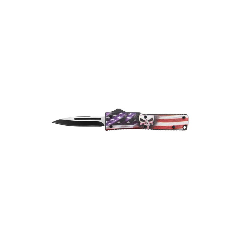 Mini OTF Knife with Rubberized Handle - Punisher with USA Flag