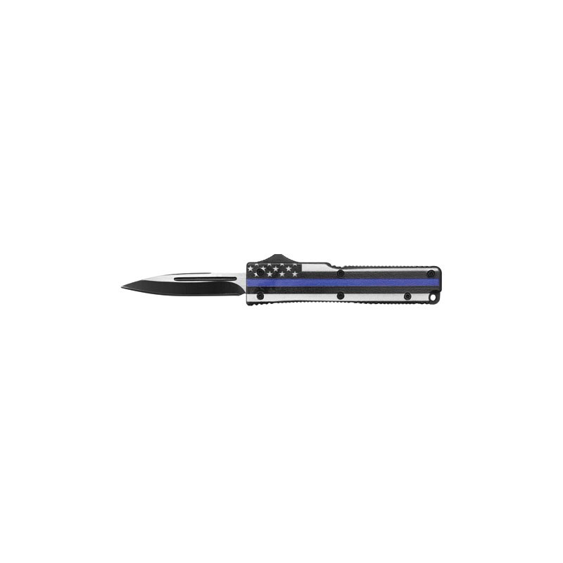 Mini OTF Knife with Rubberized Handle - Blue Line