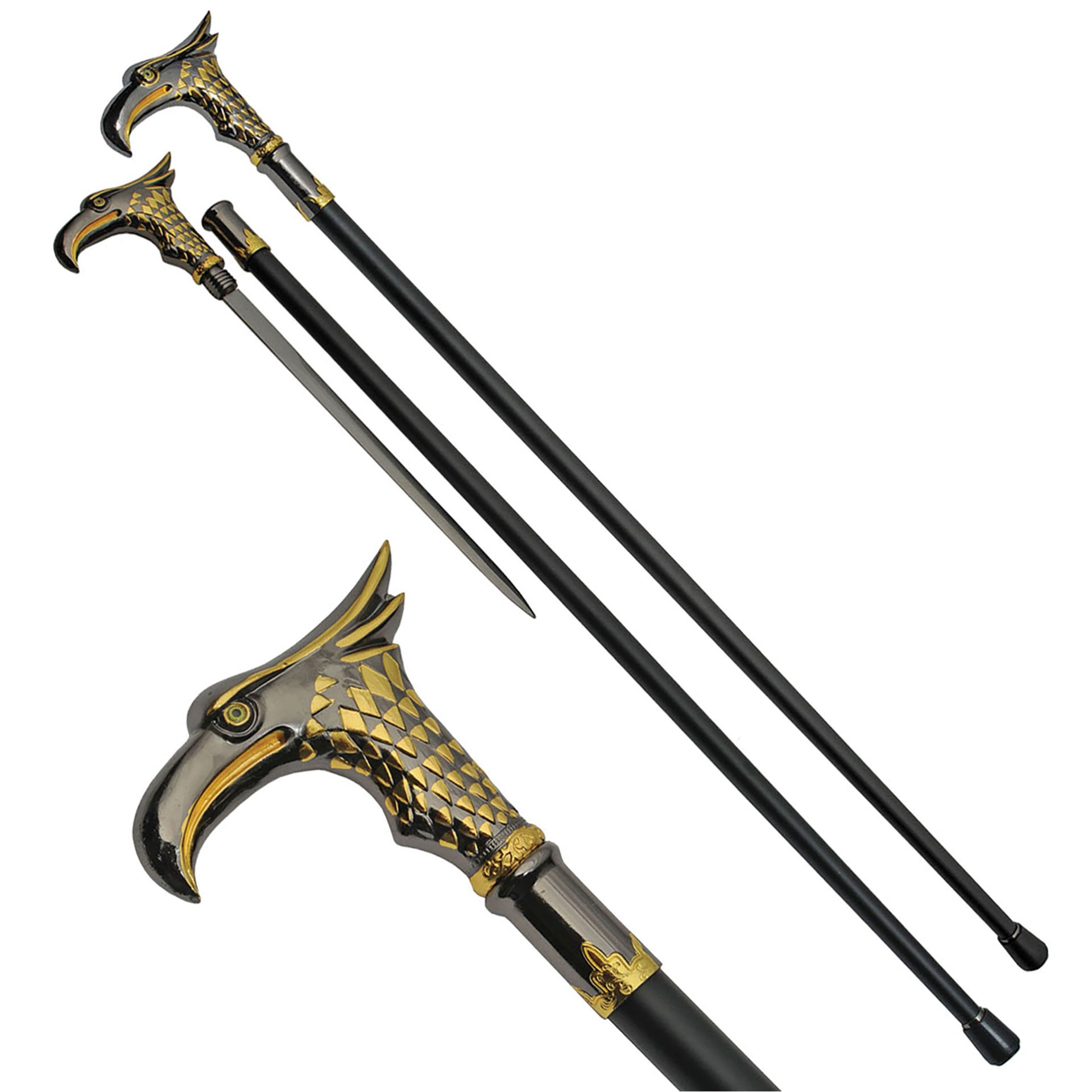 Regal Eagle Head Concealed Sword Cane - Gold & Silver