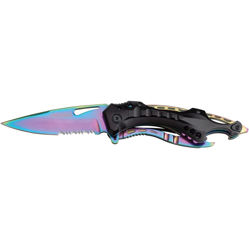 Aluminum Handle Assisted Knife with Bottle Opener - Rainbow
