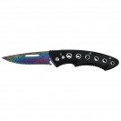 Rainbow Damascus Etch Automatic Knife with Black Handle