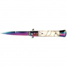 Stiletto Switchblade - White Marble Handle with Rainbow Blade